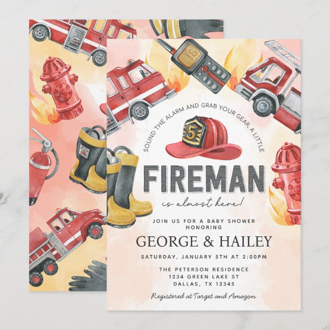 Invitación Baby Shower de Camión de motor de incendio rojo (Anverso / Reverso)