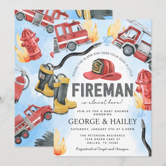 Invitación Baby Shower de Camión de motor de incendio rojo (Anverso / Reverso)