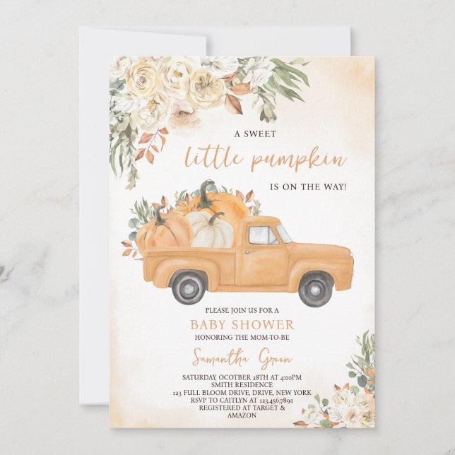 Invitación Baby Shower de Camión Neutral de Calabaza de Géner (Anverso)