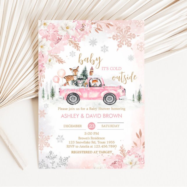 Invitación Baby Shower de Camión Woodland de Invierno Rosa (Pink Baby It's Cold Outside Baby Shower Invitation)