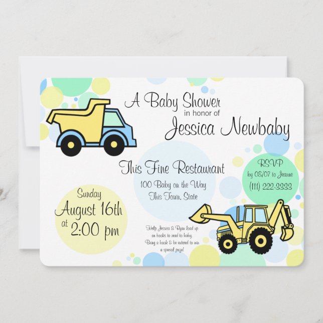 Invitación Baby Shower de camiones de construcción (Anverso)