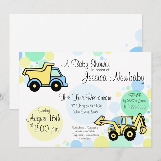 Invitación Baby Shower de camiones de construcción (Anverso / Reverso)