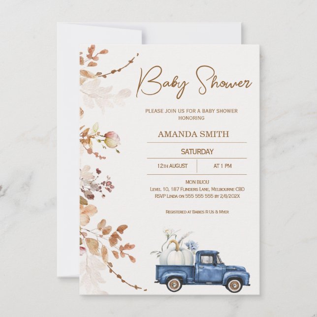 Invitación Baby Shower de camionetas de calabaza beige marrón (Anverso)