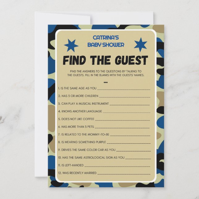 Invitación Baby Shower de Camo Azul - Nombre editable, 5x7 (Anverso)