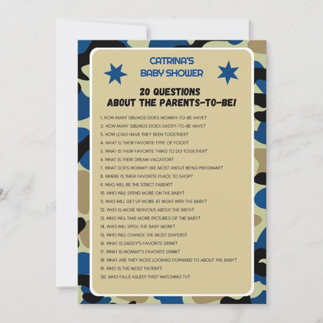 Invitación Baby Shower de Camo Azul - Nombre editable, 5x7 (Anverso)