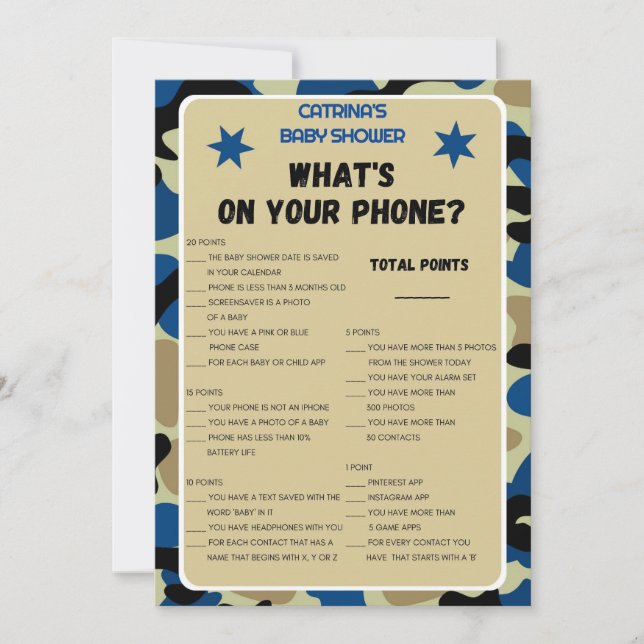 Invitación Baby Shower de Camo Azul - Nombre editable, Invita (Anverso)