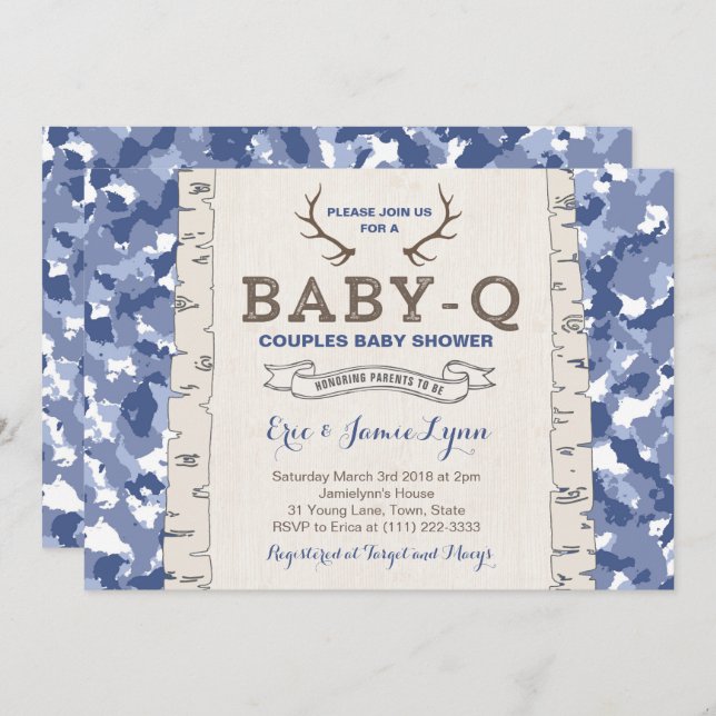 Invitación Baby Shower de camuflaje azul para niño (Anverso / Reverso)