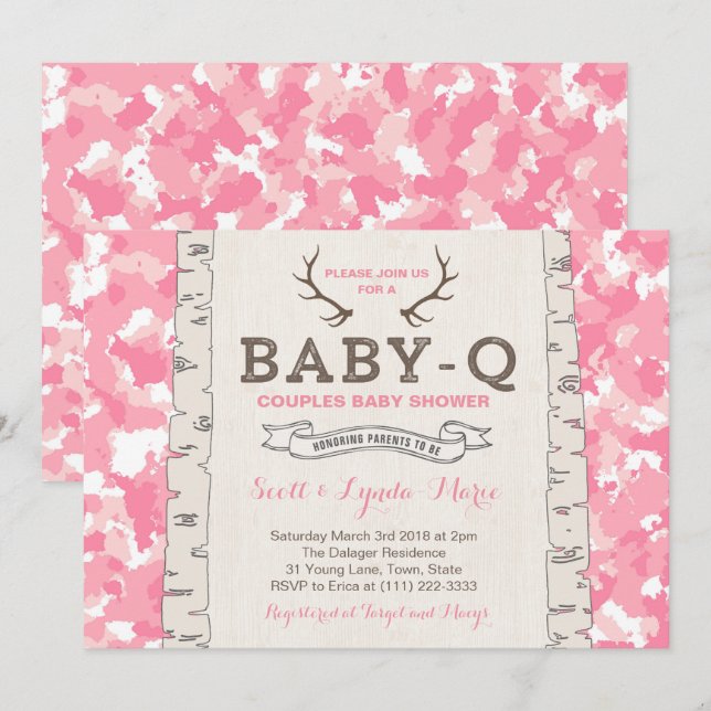 Invitación Baby Shower de Camuflaje Rosa para Chica (Anverso / Reverso)