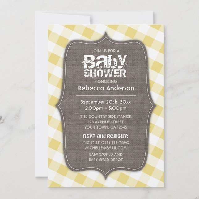 Invitación Baby Shower de canvas de Gingham amarillo y blanco (Anverso)