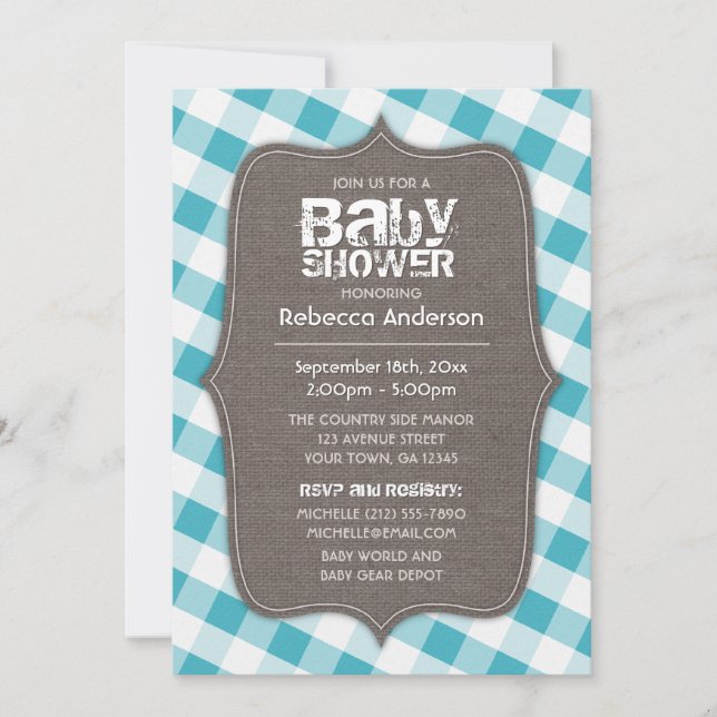 Invitación Baby Shower de canvas de Gingham blanco y turquesa (Anverso)