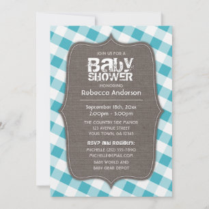 Invitación Baby Shower de canvas de Gingham blanco y turquesa