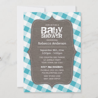 Invitación Baby Shower de canvas de Gingham blanco y turquesa
