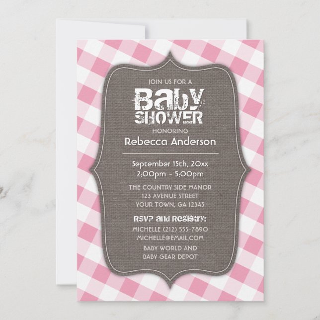 Invitación Baby Shower de canvas de Gingham rosa y blanca (Anverso)