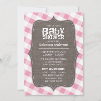 Invitación Baby Shower de canvas de Gingham rosa y blanca