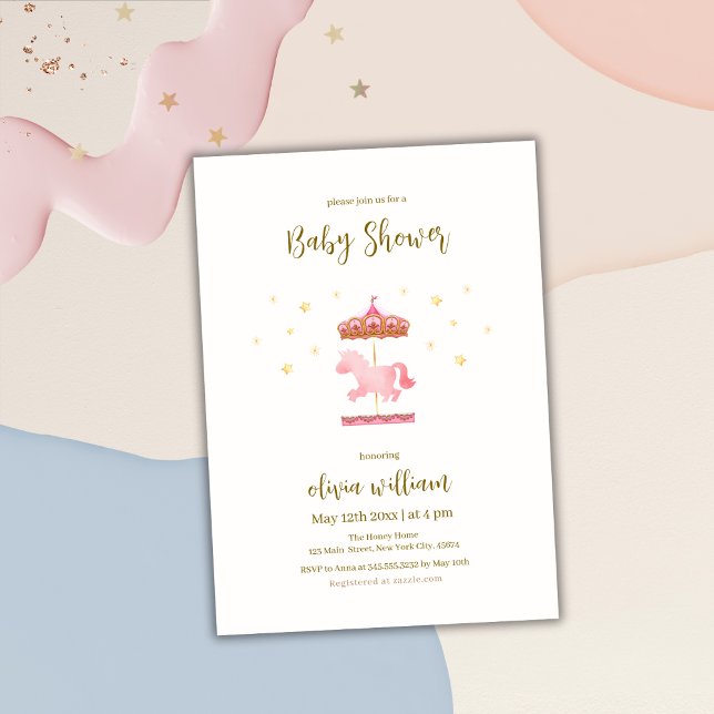 Invitación Baby Shower de Carnaval elegante de oro rosa (Pink Gold Elegant Carousel Carnival Baby Shower Invitation)