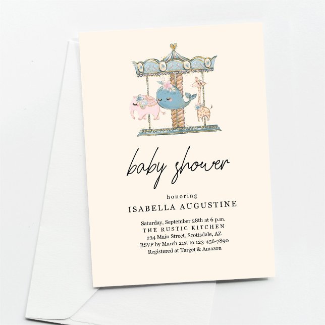 Invitación Baby Shower de carrusel amarillo neutro de género (Subido por el creador)