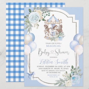 Invitación Baby Shower de carrusel mágico azul y plata