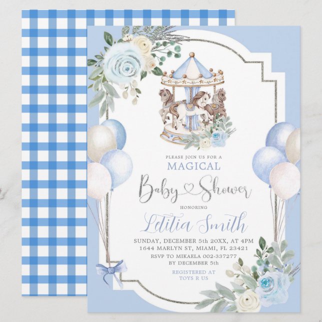 Invitación Baby Shower de carrusel mágico azul y plata (Anverso / Reverso)