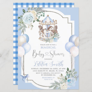 Invitación Baby Shower de carrusel mágico azul y plata