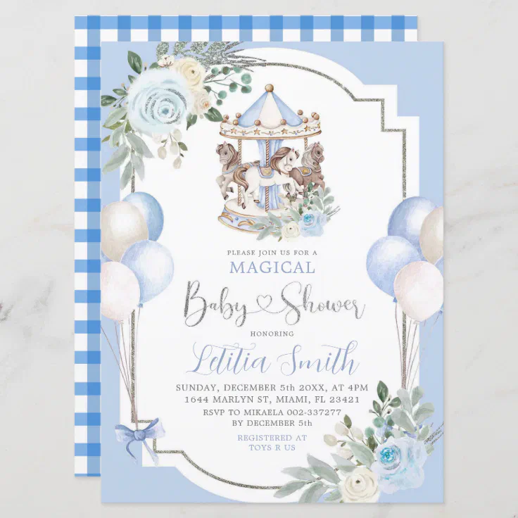 Invitación Baby Shower de carrusel mágico azul y plata Zazzle.es