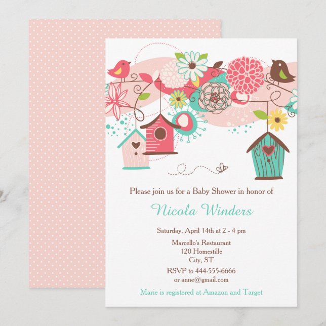 Invitación Baby Shower de casas de aves florales rosas y verd (Anverso / Reverso)