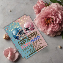 Invitación Baby Shower de cascos de fútbol americano azul y r