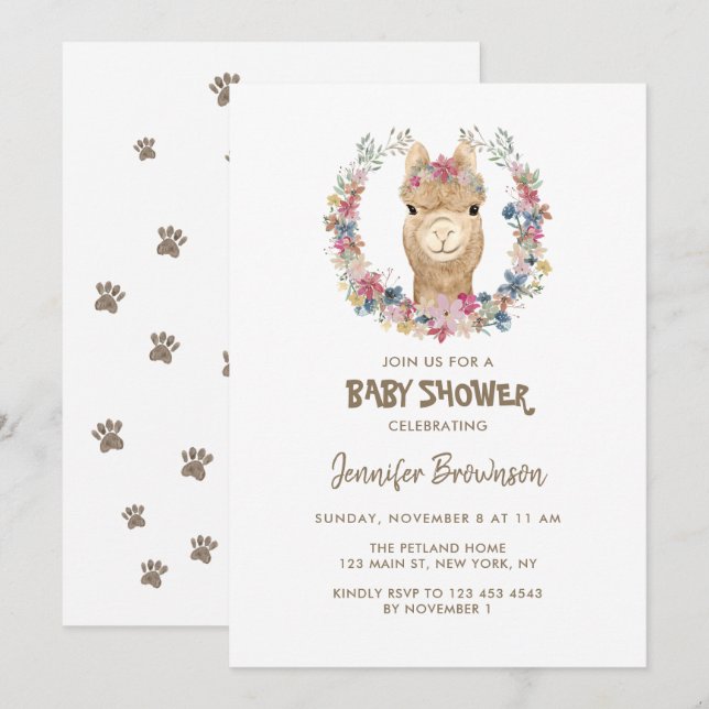 Invitación Baby Shower de caza de flores de la flor de Alpaca (Anverso / Reverso)