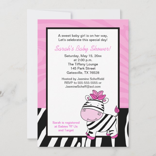 Invitación Baby Shower de cebra rosa 5x7 - rosa cl (Anverso)
