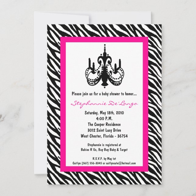 Invitación Baby Shower de cebra rosa de 5 canales  (Anverso)