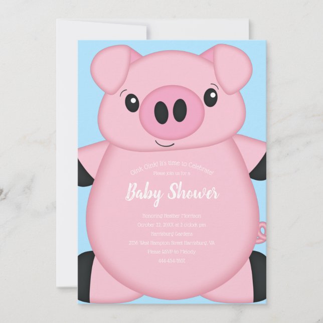 Invitación Baby Shower de cerdo azul (Anverso)