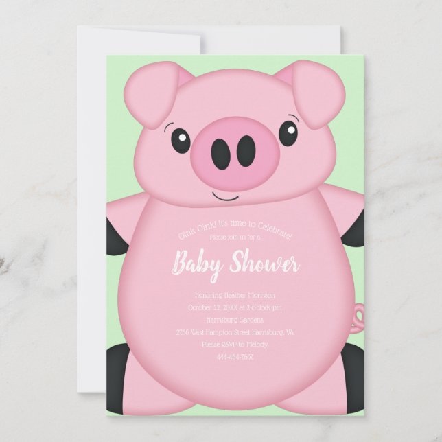 Invitación Baby Shower de cerdo verde (Anverso)