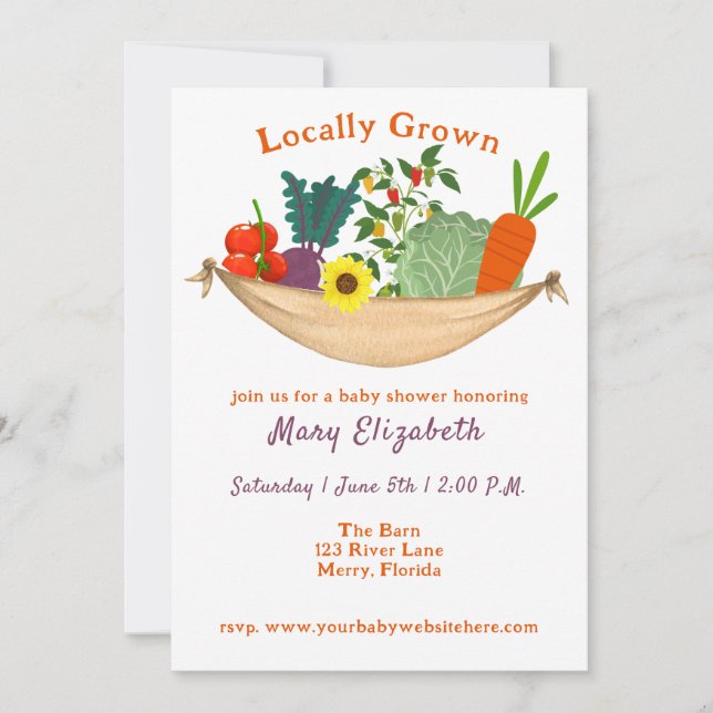 Invitación Baby Shower de cesta de verduras cultivadas localm (Anverso)