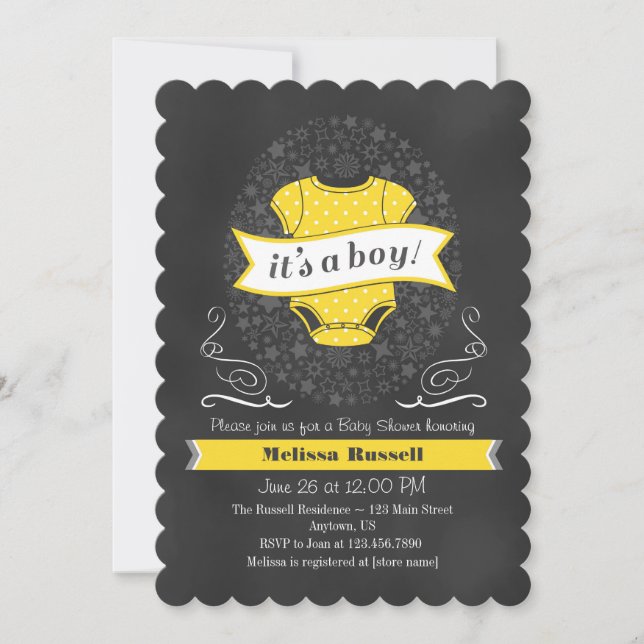 Invitación Baby Shower de Chalkboard Boy amarillo (Anverso)