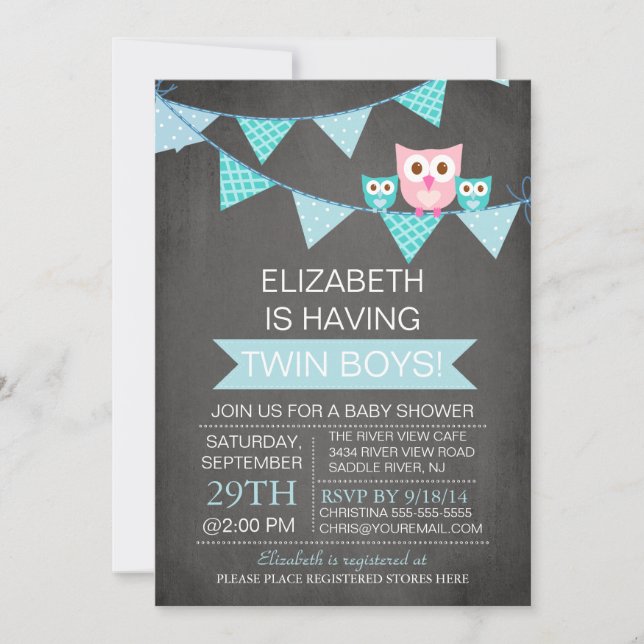 Invitación Baby Shower de Chalkboard Bunting Owl TWIN Boy (Anverso)