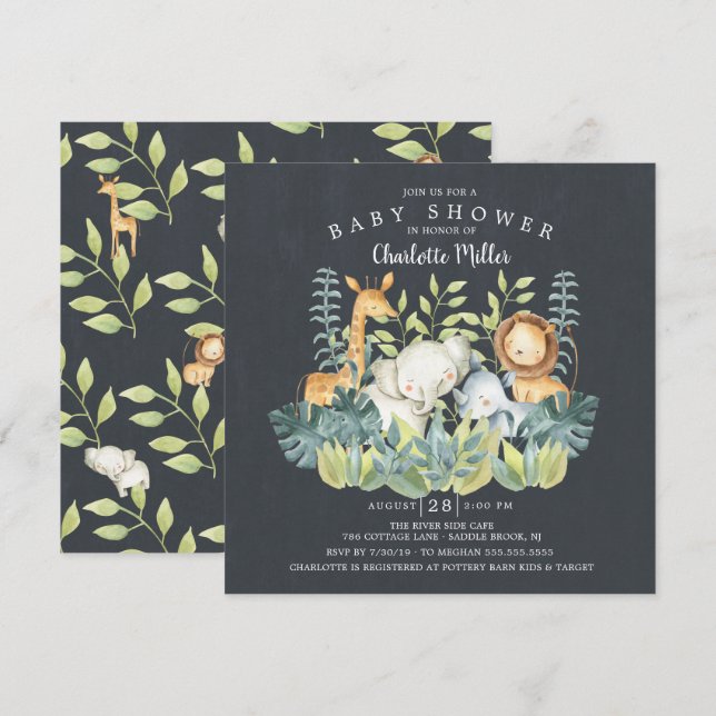 Invitación Baby Shower de Chalkboard Jungle Animals (Anverso / Reverso)