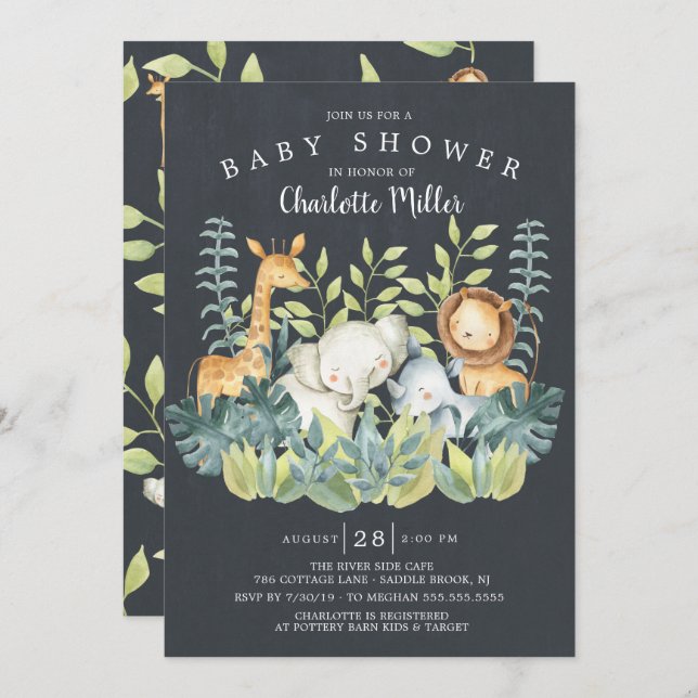 Invitación Baby Shower de Chalkboard Jungle Animals (Anverso / Reverso)