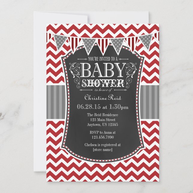 Invitación Baby Shower de Chalkboard Rojo Chevron (Anverso)