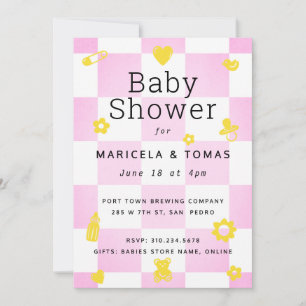 Invitación Baby Shower de cheques rosados y amarillos calient