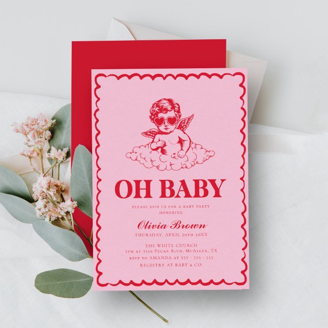 Invitación Baby Shower de Cherub Rosado y Retro Rojo (Subido por el creador)