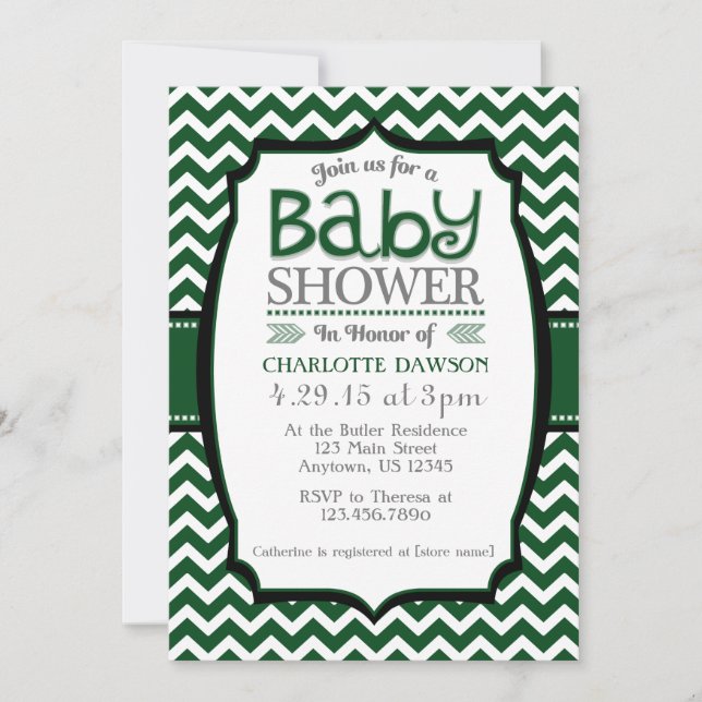 Invitación Baby Shower de Chevron Blanco Verde osc (Anverso)