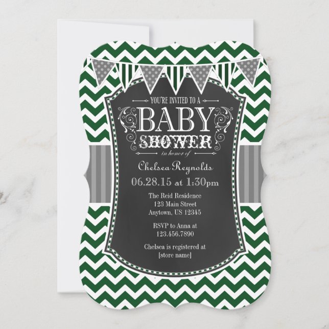 Invitación Baby Shower de Chevron Green Chalkboard (Anverso)