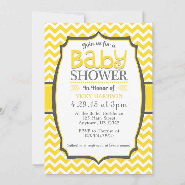 Invitación Baby Shower de Chevron gris amarillo (Anverso)