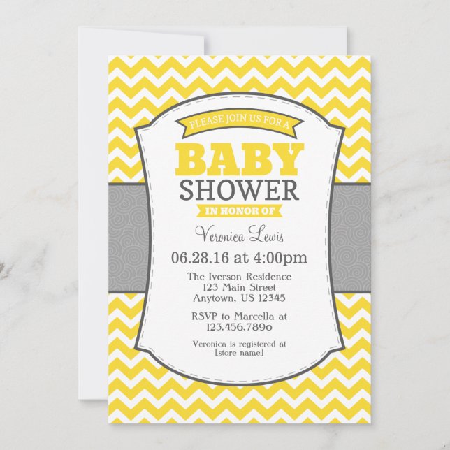 Invitación Baby Shower de Chevron gris amarillo (Anverso)