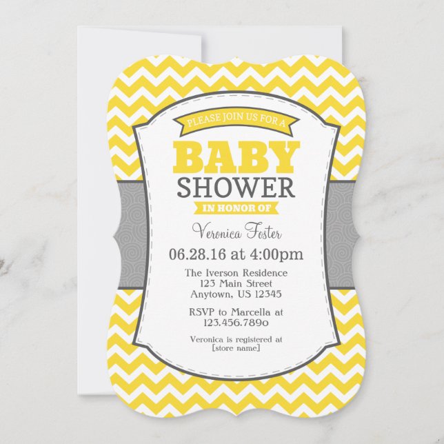 Invitación Baby Shower de Chevron gris amarillo (Anverso)