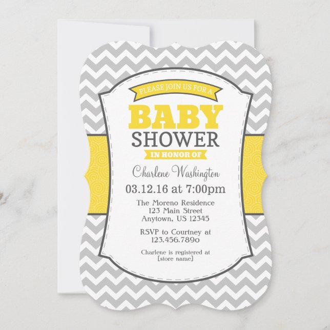 Invitación Baby Shower de Chevron gris amarillo (Anverso)