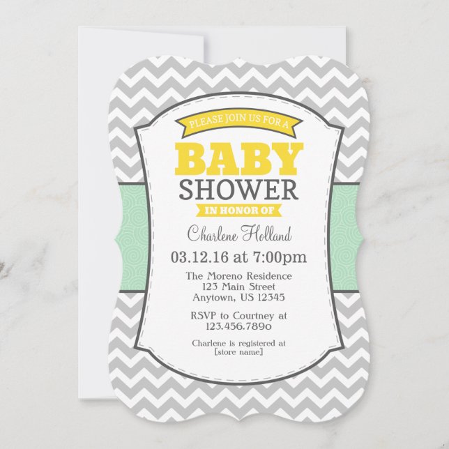 Invitación Baby Shower de Chevron gris amarillo bl (Anverso)