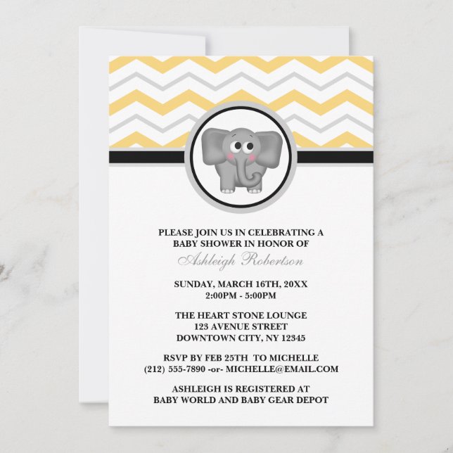 Invitación Baby Shower de Chevron gris amarillo elefante (Anverso)