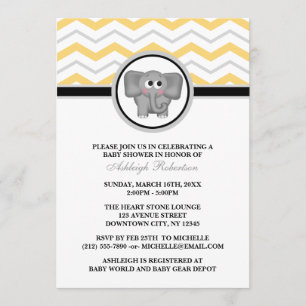 Invitación Baby Shower de Chevron gris amarillo elefante