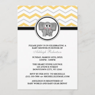 Invitación Baby Shower de Chevron gris amarillo elefante
