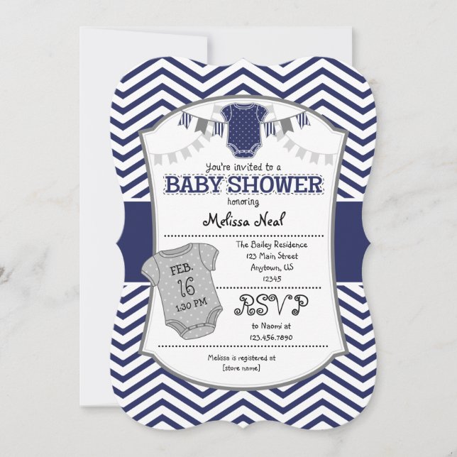 Invitación Baby Shower de Chevron Gris Azul de la  (Anverso)